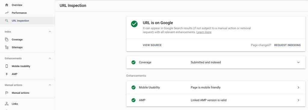 Google Search Console URL Inspection Tab