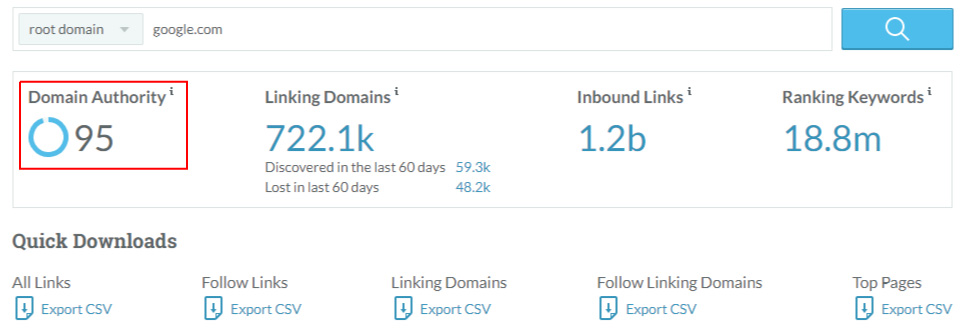 Moz Link Explorer Result Page