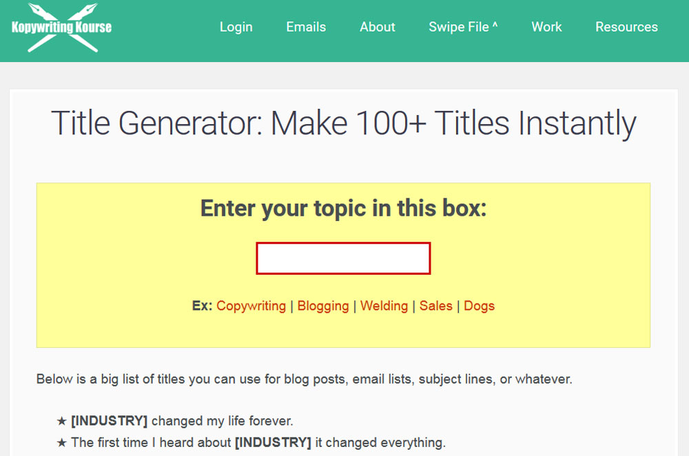 Kopywriting Kourse's Title Generator